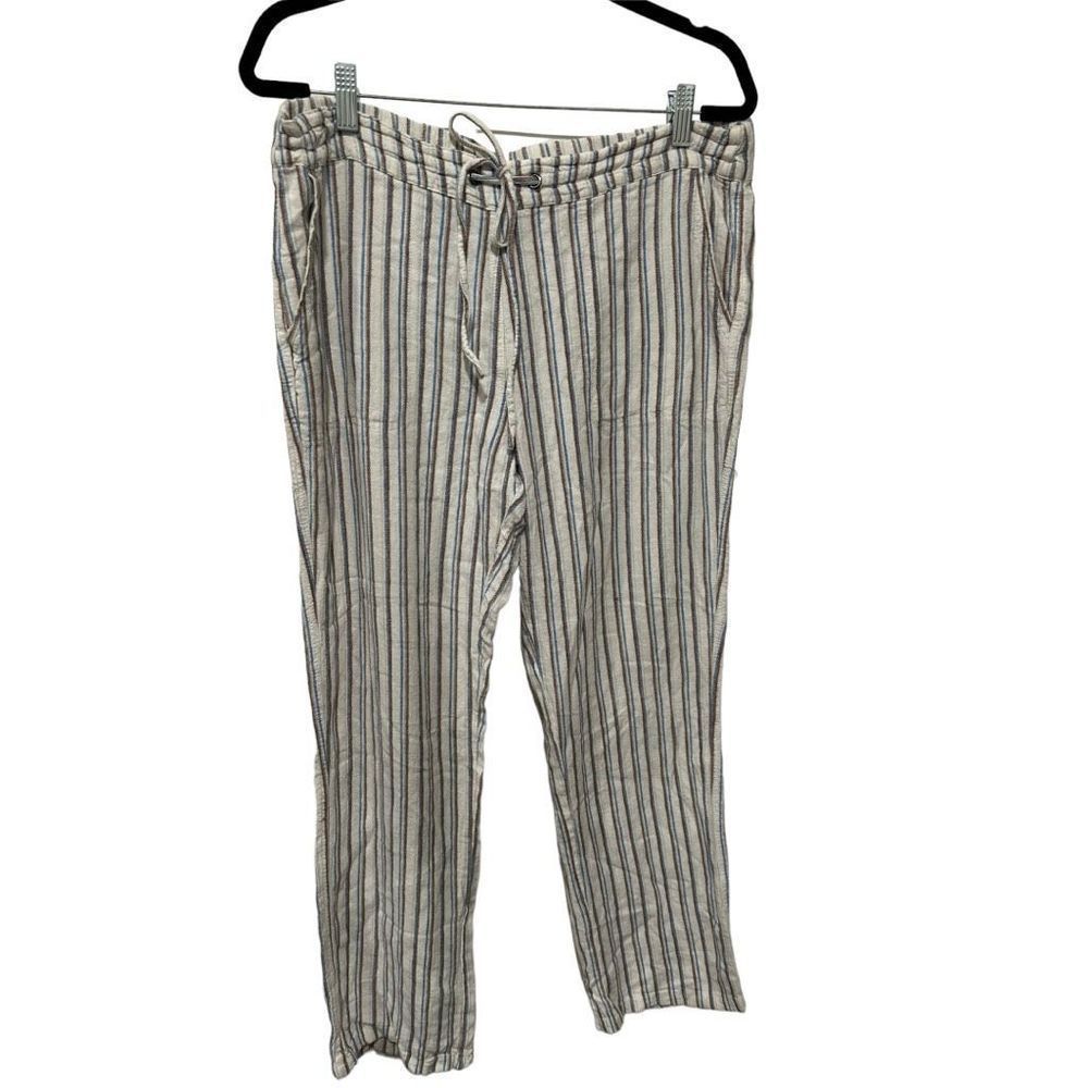 For Cynthia Linen Blend White Blue Tan Striped Pants Large Drawstring Pockets